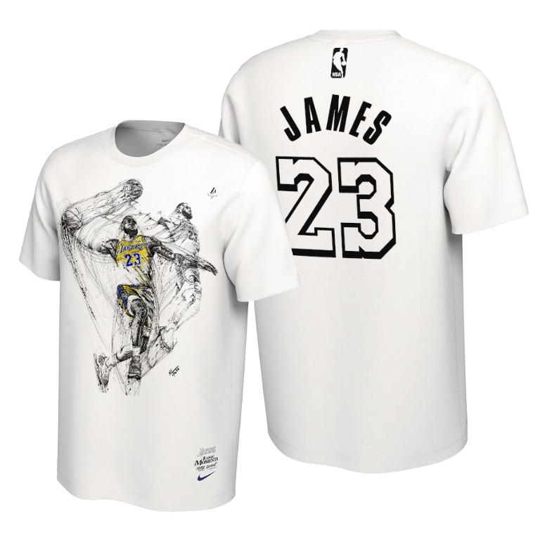 Men's Los Angeles Lakers LeBron James #23 NBA Hand Drawing By Neil Legend White Basketball T-Shirt DDB4183SY